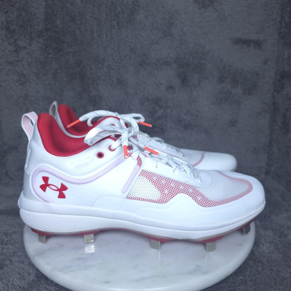Under Armour Baseball Cleats Shoes Womens 9.5 White Red Metal Spikes 3024328